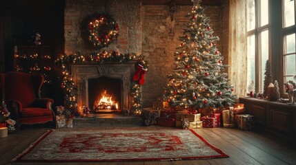 A cozy Christmas scene featuring a decorated tree, a crackling fireplace, gifts, and a warm, inviting atmosphere.