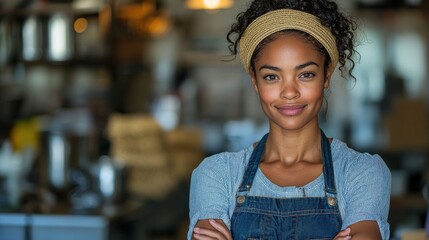 Confident and Friendly Young African American Female Entrepreneur Wearing Cafe Uniform and Headband Smiling Warmly in Cozy Coffee Shop or Restaurant Environment