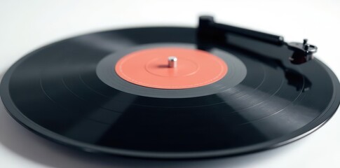 Close-up, single black vinyl, stark white backdrop Nostalgic music feel , white, record