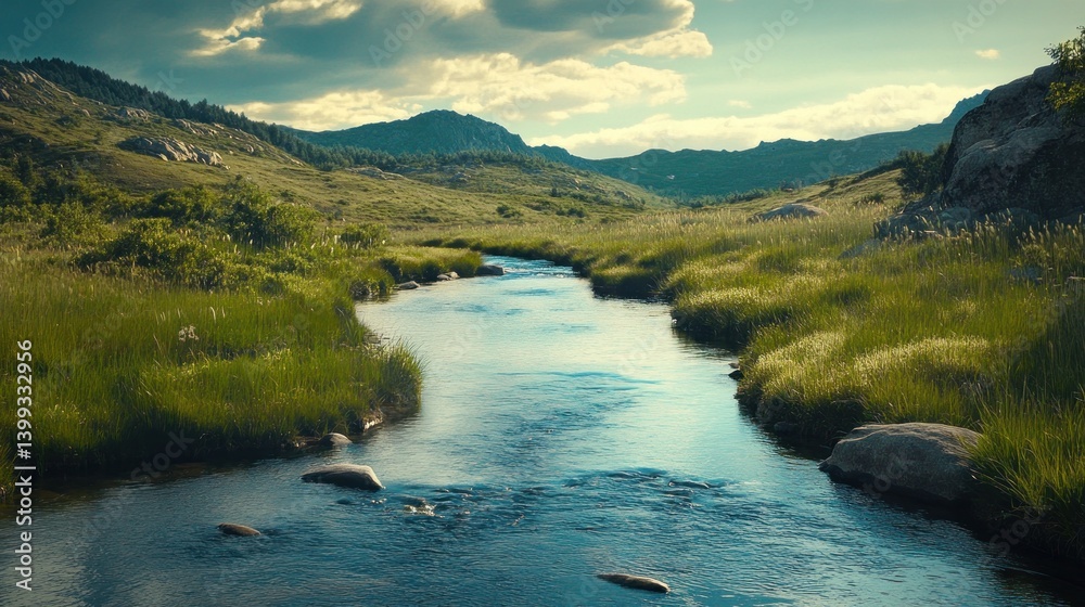 Aufkleber serene mountain stream flows through lush green valley under a partly cloudy sky.