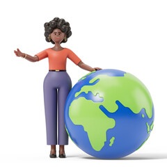 woman presenting a globe, symbolizing global outreach or international business. 3D rendering, conceptual image. Isolated on white background.