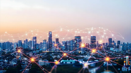 Fototapeta premium Connected City Skyline at Sunrise