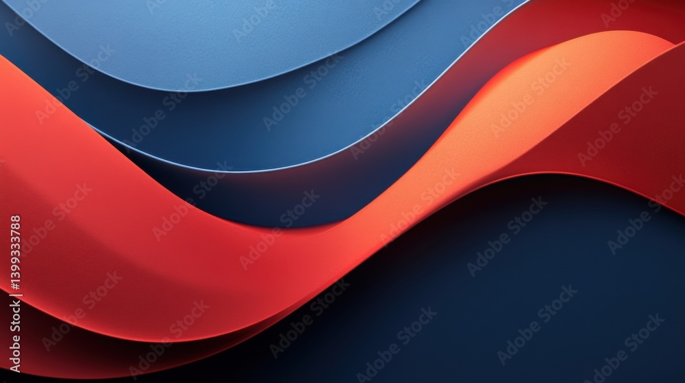 Poster a vibrant abstract composition featuring flowing layers in shades of blue and red, creating a dynami