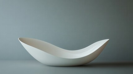 A sleek, modern white bowl with smooth curves, set against a textured grey background, showcasing minimalist design.