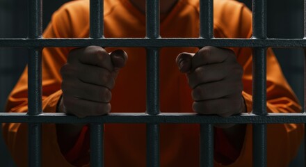 Orange Jumpsuit: Gripping Bars, Confinement, and Textured Hands.