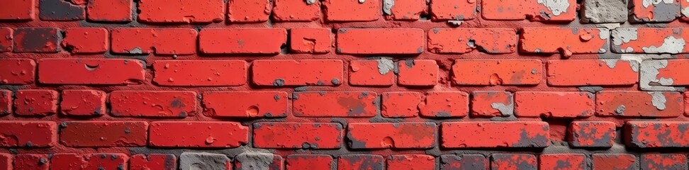 Weathered red brick wall with peeling paint and rust stains, worn, vintage
