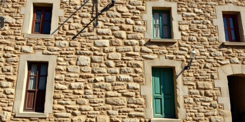 Weathered stone building facade, ample copy space, retro, aged
