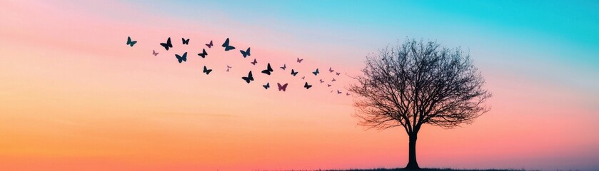 A serene sunset view depicting a tree with birds flying in the colorful sky.