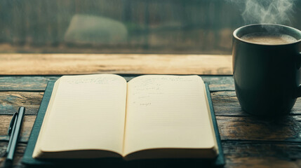 Naklejka premium Cozy Workspace with Notebook, Pen, Hot Coffee, and Steam on Rustic Wooden Table