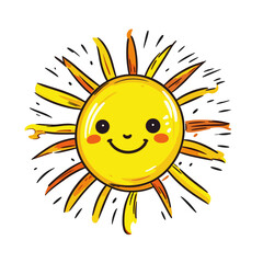 Fototapeta premium Sketchy cartoon sun illustration, yellow and orange, weather and summer concept with copy space