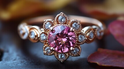 Obraz premium Elegant pink gemstone ring, floral design, autumn leaves background, jewelry close-up