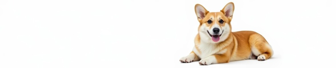 Welsh corgi dog lying down flat with tongue out on white background, obedient, breed, canine