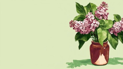 Beautiful Pink Lilac Flowers in a Simple Brown Pot on Green Background