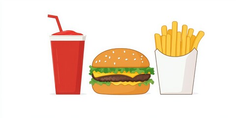 Fries, cola, ketchup, burger combo set isolated with white background