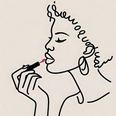 Elegant woman applying lipstick in minimalist line art style, single line drawing   