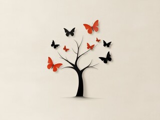 Naklejka premium A creative illustration of a tree with colorful butterflies, symbolizing nature's beauty.