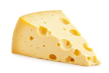 A triangular slice of cheese with many irregular holes shown