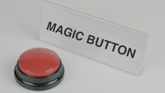 Magic button text or word displayed on a nameplate as a hand presses a red button, symbolizing instant change or transformation, set against a white background