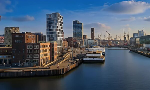 A waterside cityscape shines with towering buildings and pier, underneath a softly clouded sky