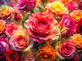 Naklejka premium A 3D rendered floral wallpaper featuring a double exposure of a red-pink rose and multicolored blooms.