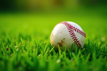 A weathered baseball rests gently in a vibrant green field of grass, bathed in soft sunlight.