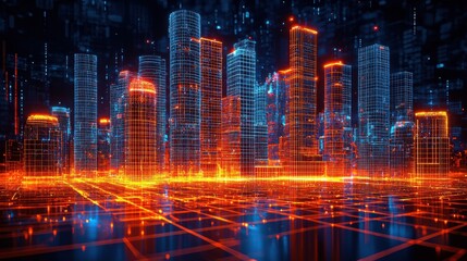 Fototapeta premium Futuristic glowing cityscape at night with illuminated skyscrapers and reflective roads showcasing a vibrant and dynamic urban landscape filled with technology progress and prosperity