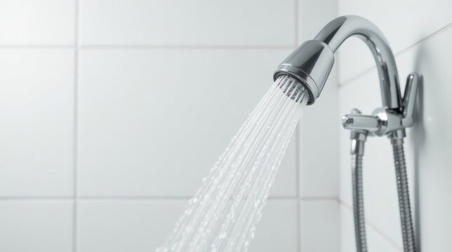 Close-up view of a chrome shower head spraying a stream of water against a white tiled background