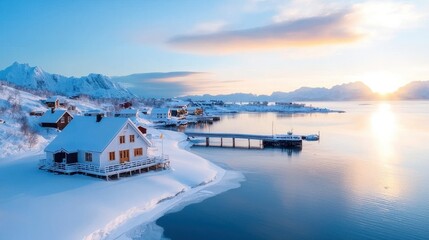 Breathtaking winter landscape of a charming Norwegian coastal village nestled between snow capped mountains