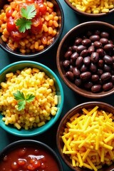 Colorful bowls of rice, beans, salsa, guacamole, and shredded cheese , ingredients, lime