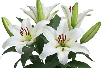 Obraz premium White Lilies bouquet for sympathy, floral decorations, or Mothers' Day gifts on a blank white canvas