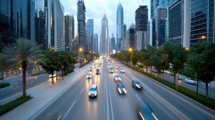 Breathtaking view of a vibrant and bustling metropolitan city skyline at twilight with towering modern skyscrapers illuminated highways and a dense network of roads and transportation