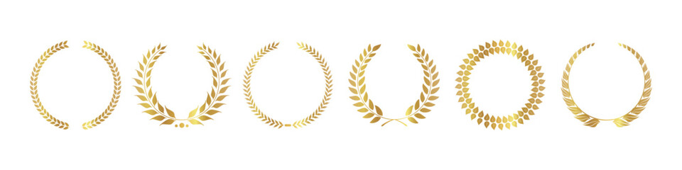Gold laurel wreath, winner award set vector illustration. Golden branch of olive leaves or stars of victory symbol, insignia emblem decoration design, triumph honor champion prize isolated on white © Cary