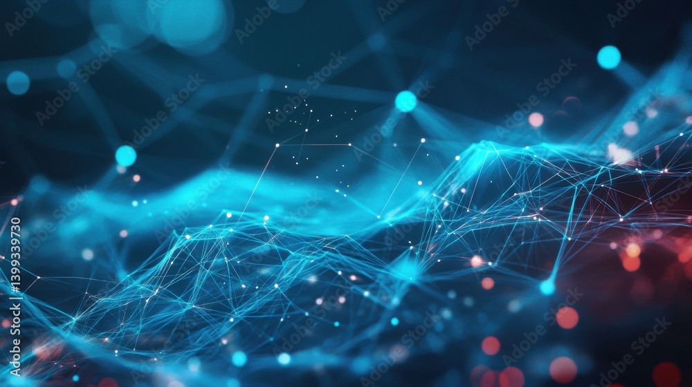 Poster a vibrant, abstract representation of interconnected lines and nodes, symbolizing data flow and digi