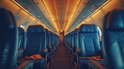 Fototapeta premium Empty airplane cabin interior, aisle view, warm lighting, city in the distance