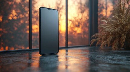 Sunset Framed Through Large Modern Window With Smartphone Reflection on Wooden Floor of Cozy Living Room Interior with Peaceful Nature Landscape Outside