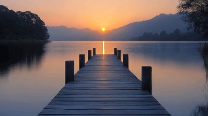 Serene sunrise over calm lake with wooden pier extending towards sun.