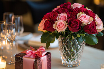 Obraz premium An arranged bouquet of red and pink roses in a crystal vase on a romantic dinner table with candlelight, gift box, and wine glasses, Concept of love, celebration, romance and special occasions.