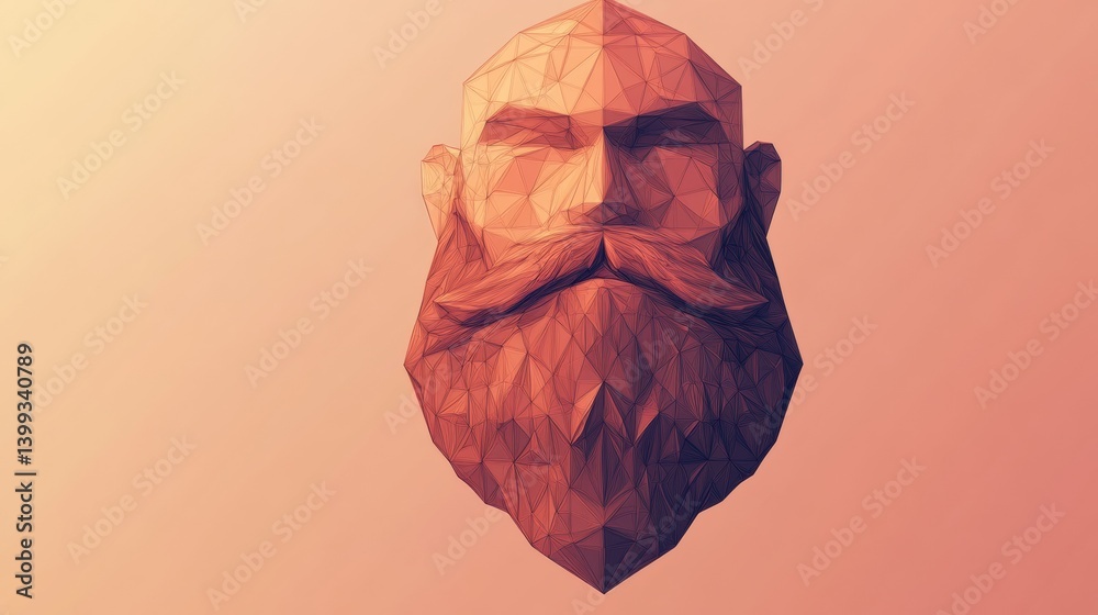 Poster Exploring a low-poly geometric beard design in 3D style resting on a soft gradient background with subtle hues of color