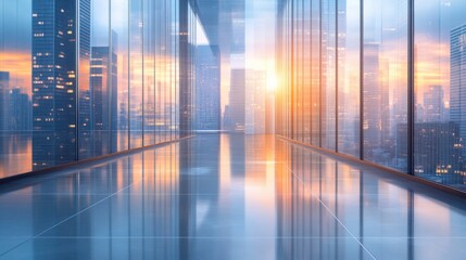 Modern office interior with large glass windows showcasing a city skyline at sunset, reflecting vibrant colors on polished surfaces.