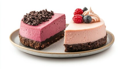 Isolated arrangement: two cheesecake wedges with topping on plate.