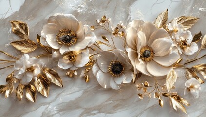 Elegant floral arrangement on marble.  Delicate cream-colored flowers with gold accents.  Sophisticated and luxurious design