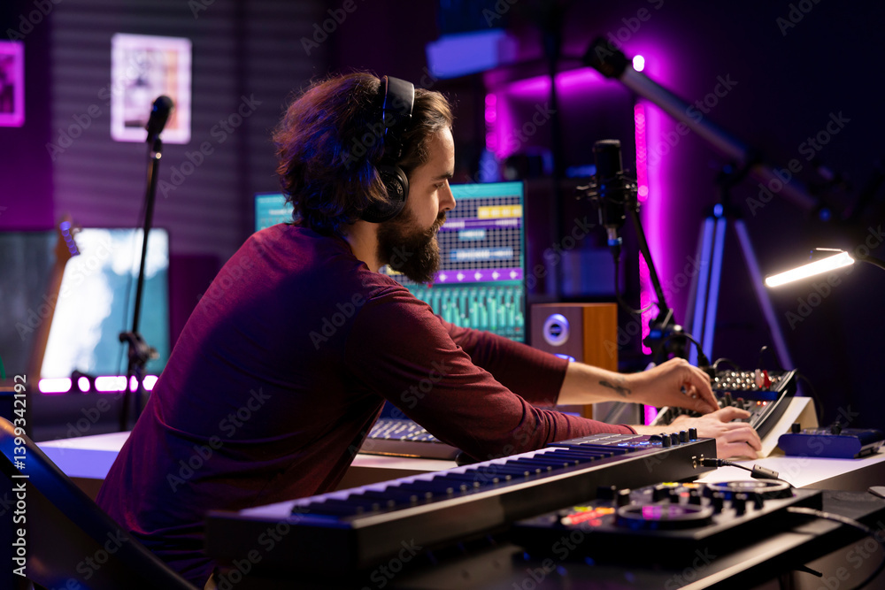 Poster Musical producer working on artistic post production with editing and synchronizing recorded songs. Artist songwriter using digital audio workstation interface to manipulate tunes, audio effects.