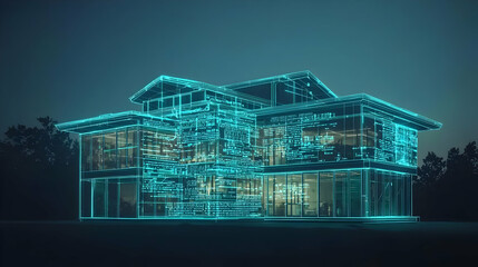 Futuristic Modern Glowing House At Night
