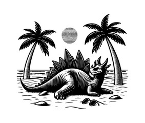 Stegosaurus Resting on Beach with Palm Trees and Sun in Black and White Engraving