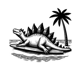 Stegosaurus Surfing on a Board Near Palm Tree in Engrave Style Black and White