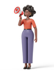 woman with a megaphone, symbolizing announcement or spreading information. 3D rendering, conceptual image. Isolated on white background.