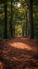 Obraz premium Serene forest path, leaves cover ground, sunlight filters, trees frame view. Autumnal hues dominate scene