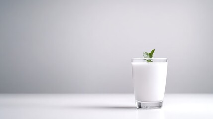 A clear glass of fresh milk with mint leaf on top, placed on a minimalist white surface against a soft grey background, and clean and simple composition.