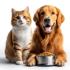 Obraz premium A Golden Retriever and a Ginger Cat Share a Meal Together in Harmony: A Cute and Adorable Animal Duo