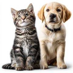 Obraz premium Charming companions: A golden retriever puppy and a tabby kitten pose together, showcasing their adorable expressions and friendship.